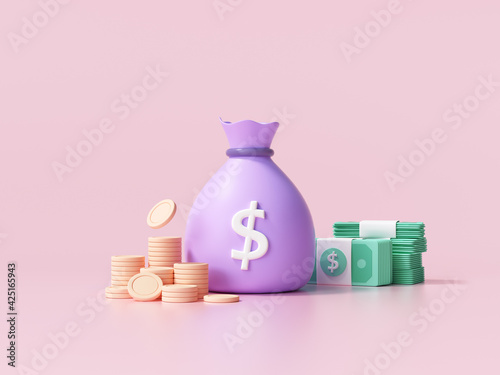 3D Money concept. money bag, coins stack and banknotes. 3d render illustration photo