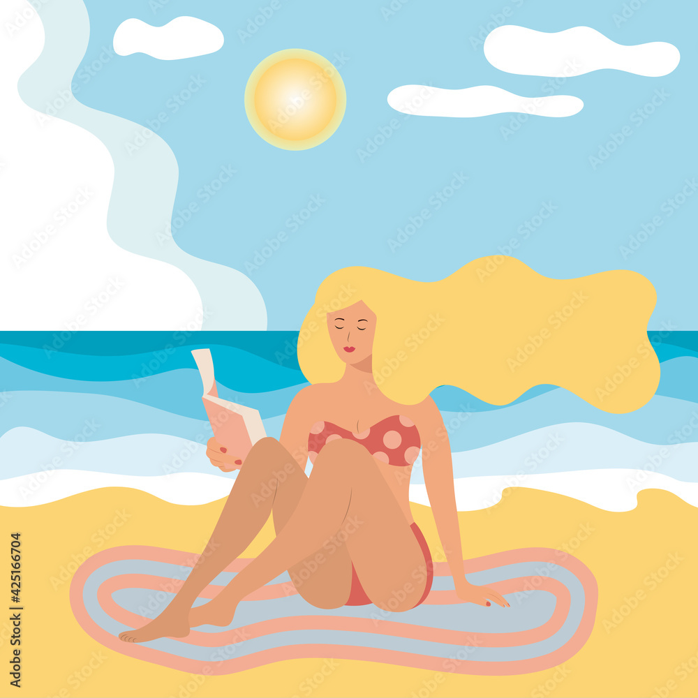 Summer illustration with a blond girl in a swimsuit on the beach. Summer, vacation and beach concept.