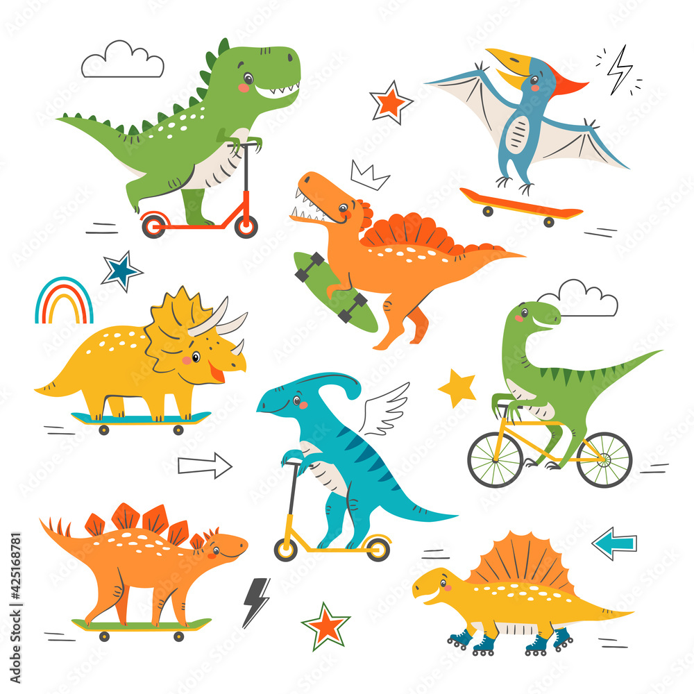 Set of cute funny dinosaurs riding skateboard, scooter, bike and roller skates. Cartoon cool dino characters and graphic elements for children's design