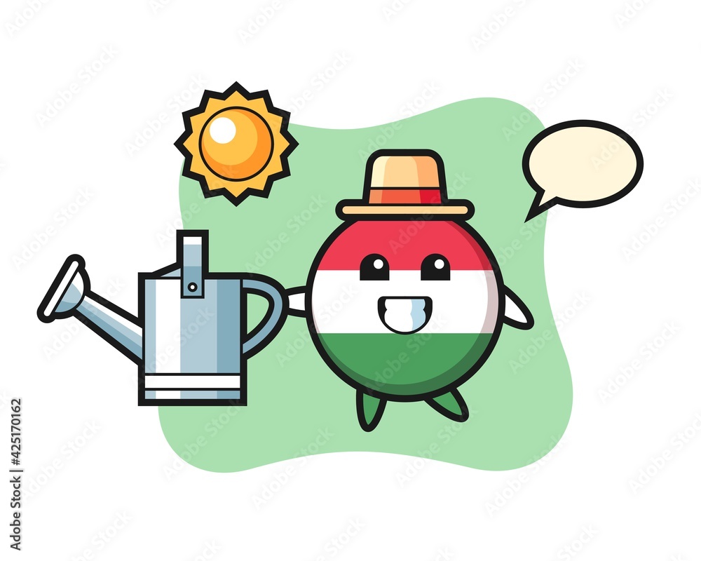 Cartoon character of hungary flag badge holding watering can Cartoon character of hungary flag badge holding watering can