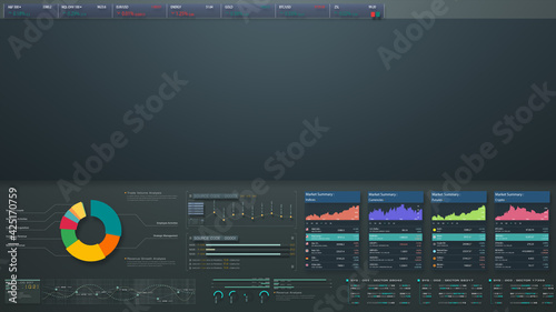 Business stock market, trading, info graphic with animated graphs, charts and data numbers insight analysis to be shown on monitor display screen for business meeting mock up theme