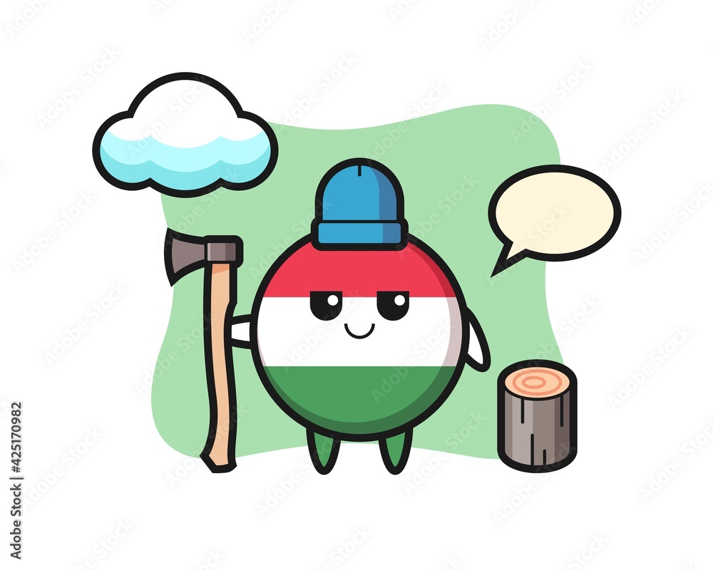 Character cartoon of hungary flag badge as a woodcutter Character cartoon of hungary flag badge as a woodcutter