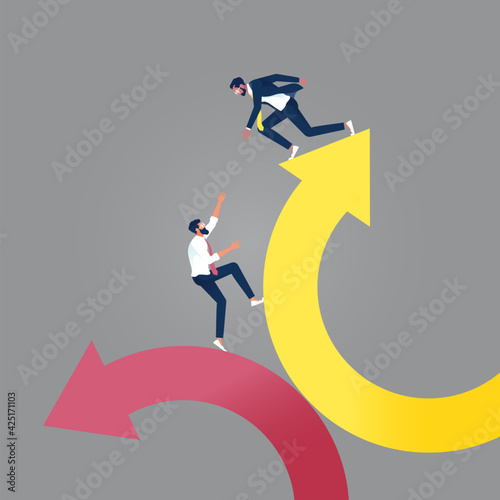 Helping each other to climb arrow of success concept, supporting each other to climbing up to raising arrow from falling down business, metaphor to team work helping from crisis to successful