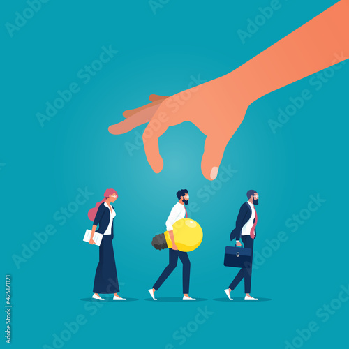 Human resources concept to choose perfect candidate, Hand pick businessman with idea from a group of people, Choosing the Best Business Idea