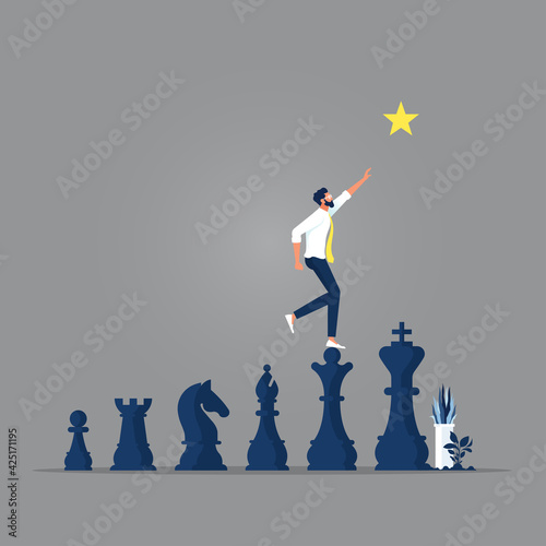 Successful business strategy and vision concept, Businessman walking on chess piece up go to the success, opportunities, future, Concept of career development and progress