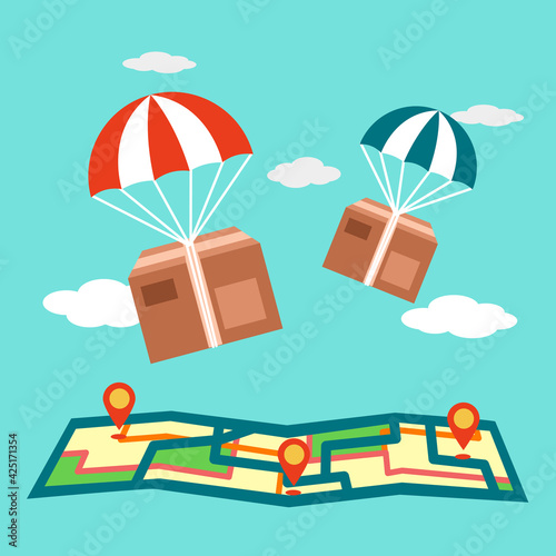 Fast air logistics delivery service concept . Package flying down from the sky with parachute to map in flat design. 