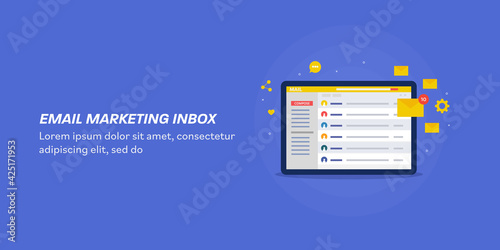 Email marketing message receiving in inbox concept. Incoming email message. Business communication technology, web template yellow background. photo