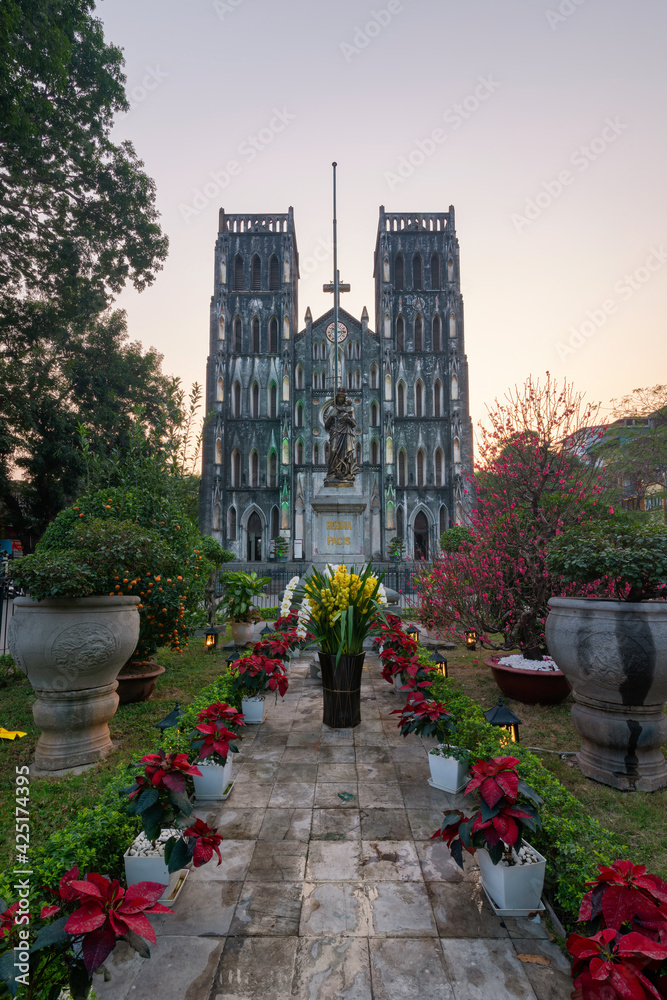 Fototapeta premium St. Joseph's Cathedral is a church on Nha Tho (Church) Street in the Hoan Kiem District of Hanoi, Vietnam. Its a late 19th century Gothic Revival (Neo Gothic style) church