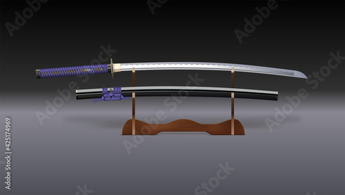 Katana sword with scabbard on stand. Vector 3D illustration.