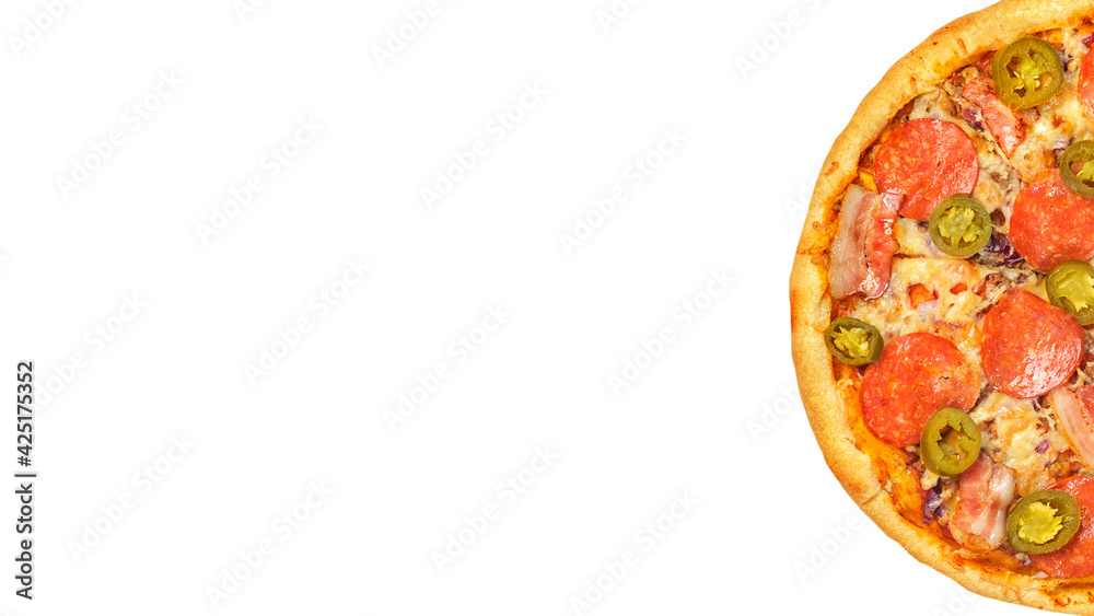 Pizza isolated on white background. Italian food concept. Appetizing pizza. Banner.