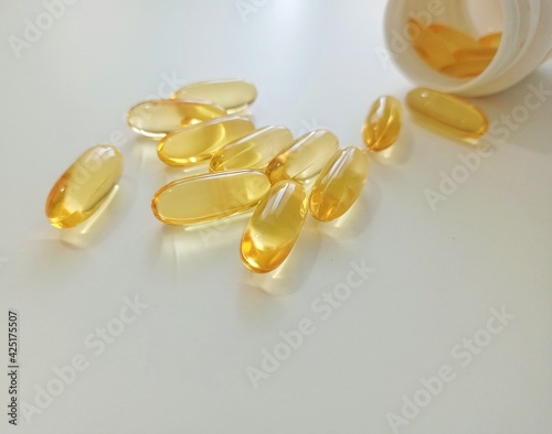 Fish oil capsules. Medicinal pills from the pharmacy to restore health.