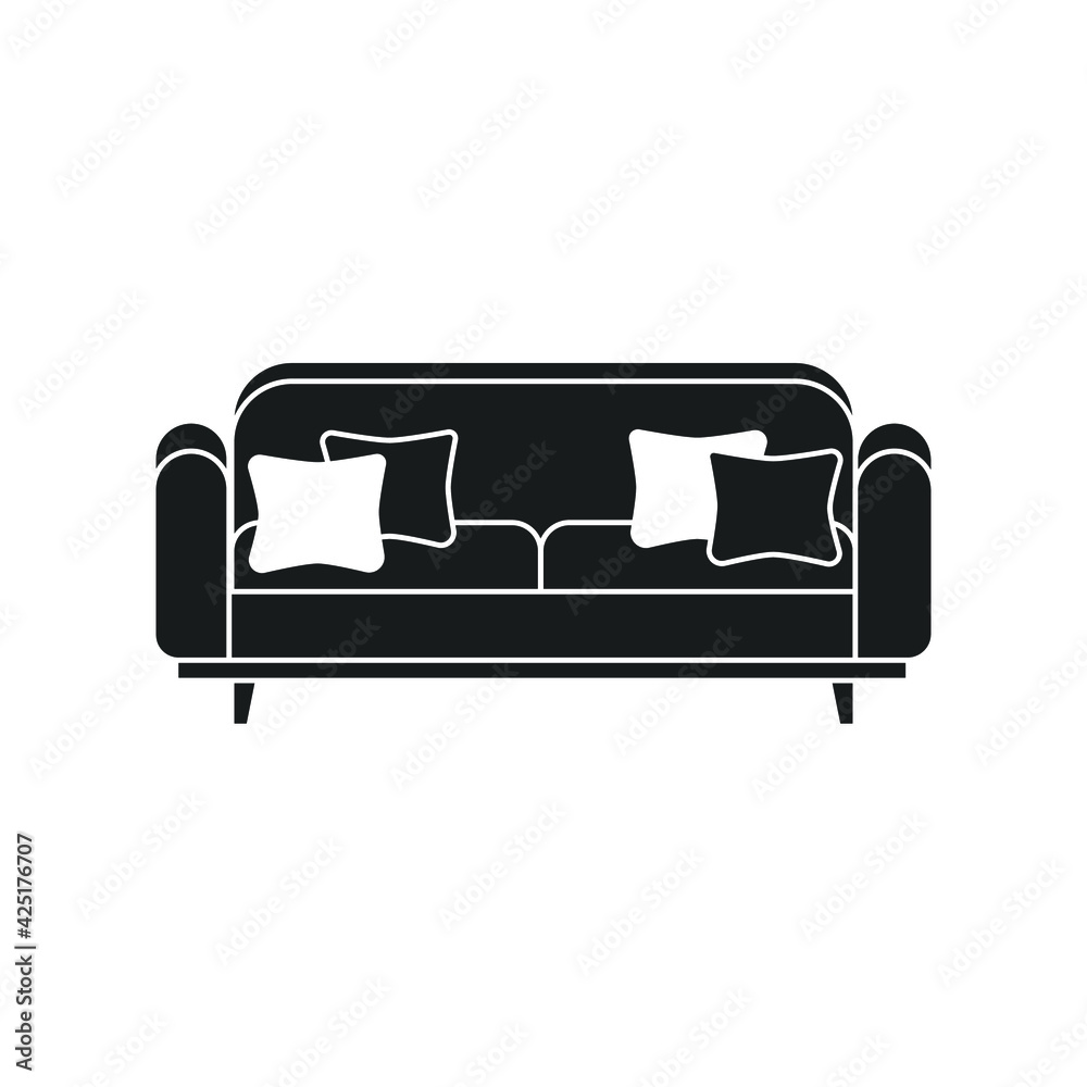 Sofa with pillows. Black silhouette of furniture isolated on white background. Vector illustration, icon, decoration, minimal style. Sofa with pillows. Black silhouette of furniture isolated on white background. Vector illustration, icon, decoration, minimal style.