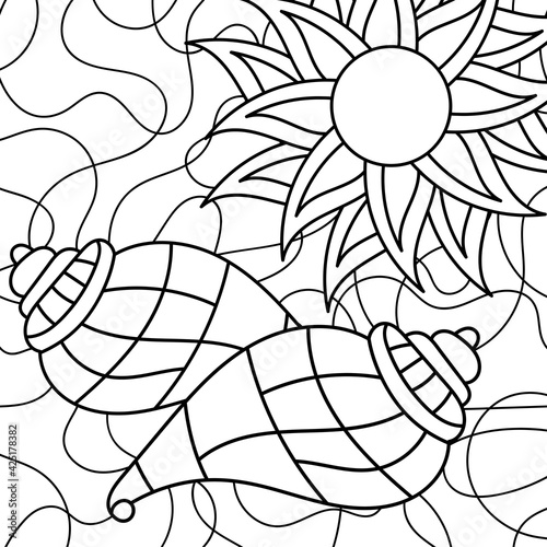 Coloring book for adults and older children, Underwater Mosaic. Hand-drawn marine vector motif