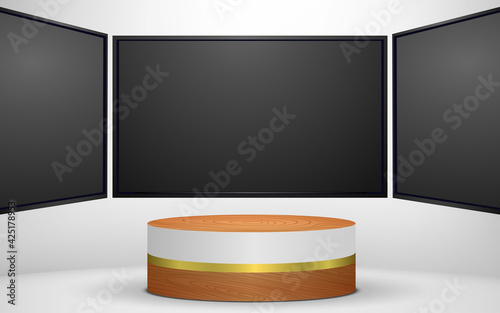 wooden podium and lcd tv background in white studio room