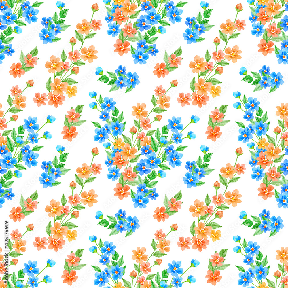 Bright seamless pattern flowers. A lot flowers on the field. Print for textile design and decoration. Watercolor Bright seamless pattern flowers. A lot flowers on the field. Print for textile design and decoration. Watercolor