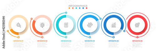 Business infographic template design with marketing icons and 6 options or steps or processes. Can be used for workflow diagram, report or presentation.