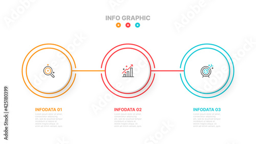 Business infographic design elements with circles process lines. Timeline with 3 steps, number options. Vector illustration.