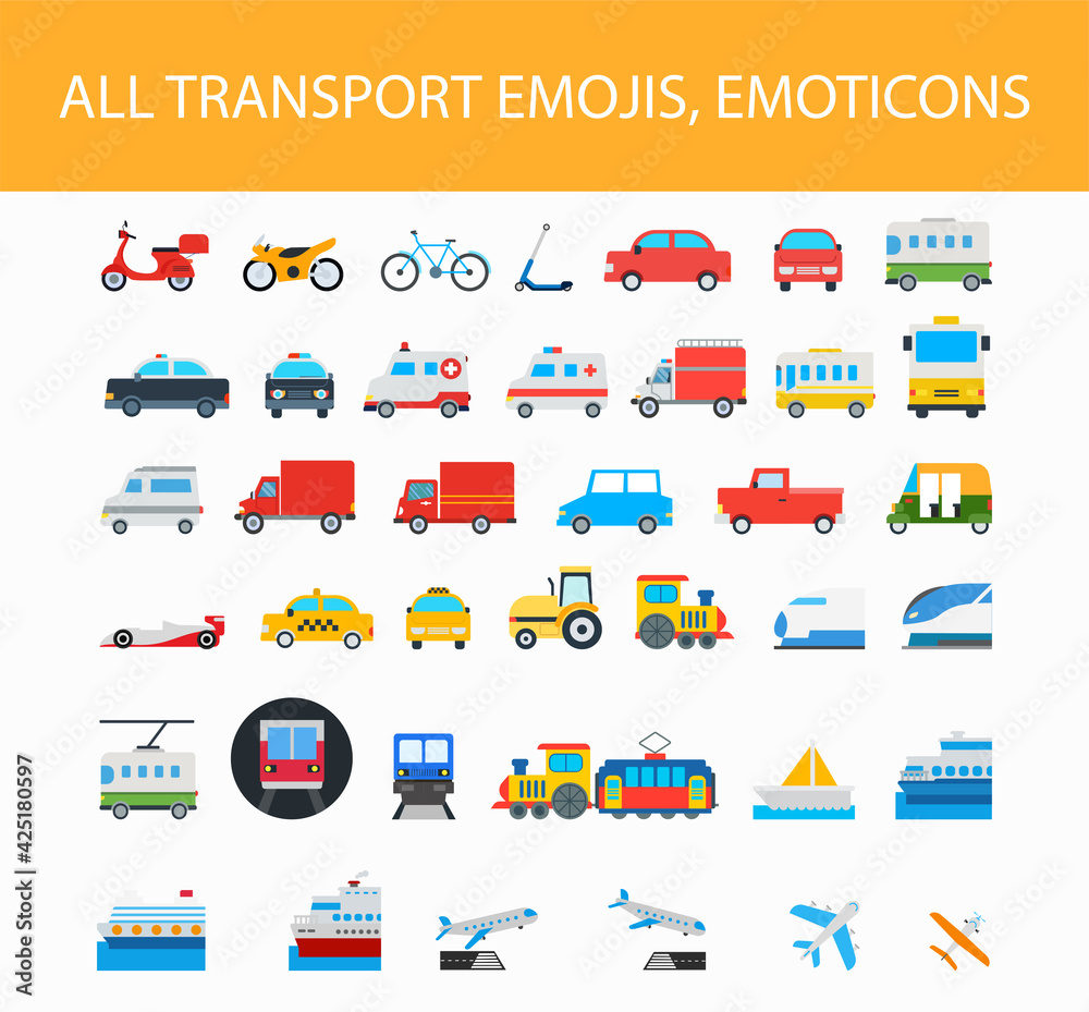 All Transport Vector Icons Set. Transportation, Logistics, Delivery, Shipping, Railway, Airways, Ambulance, Emergency car symbols, emojis, emoticons, flat style vector illustration icons collection