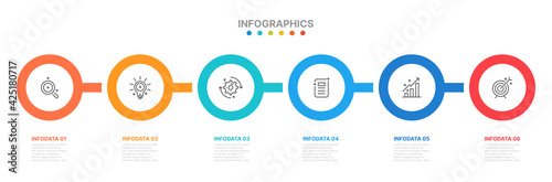 Circle infographic template. Timeline with 6 steps, options. Can be used for workflow layout, diagram, report, presentation. Vector illustration.