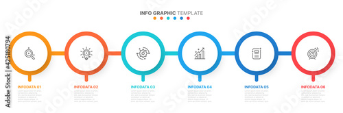 Timeline infographics template with Modern circles shape. Business concept with 6 number options, steps. Vector illustration.