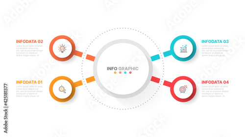 Business infographic template design with circle and marketing icons process step with 4 options. Can be used for workflow diagram, presentation or web design, Vector illustration.