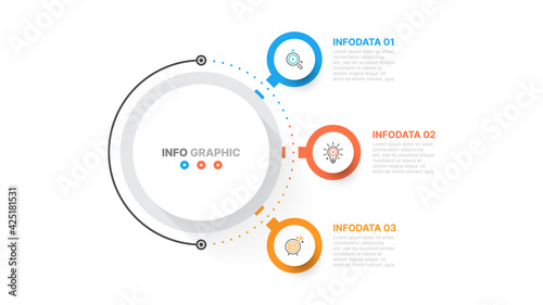 Business infographic template design with  circle and marketing icons with 3 step, options. Can be used for workflow diagram, presentation or web design. Vector illustration