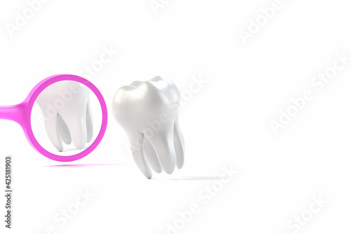 傾いた歯とデンタルミラーの3Dイラスト