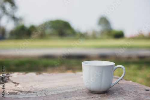 A selective focus picture of a cup of coffee on stone table in green garden