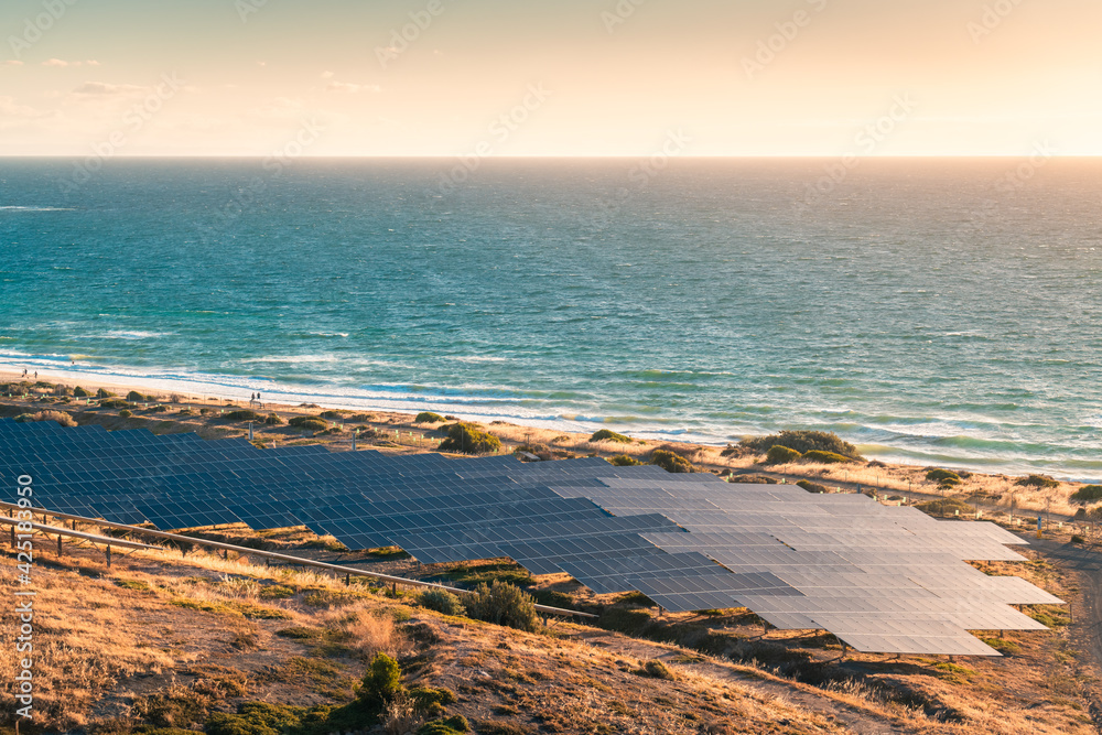 Solar panels installed along the coastline at sunset in South Australia
