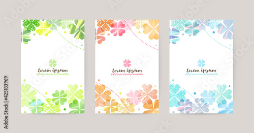 vector card design template with colorful clovers, watercolor decoration