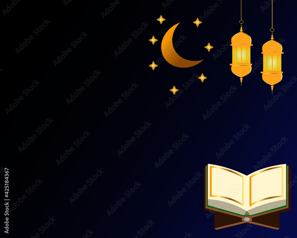 A vector of Al-Quran with moon, star and light lantern. Template ...
