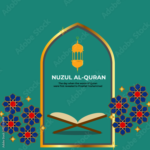 An islamic geometry star, mihrab, lantern and Quran with the word Nuzul Al-Quran. It is mark as the day when Quran words been revealed to Prophet Muhammad photo