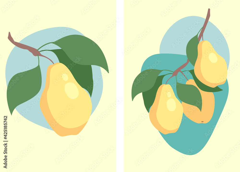 Vector flat design set : yellow pears with green leaves on abstract ...