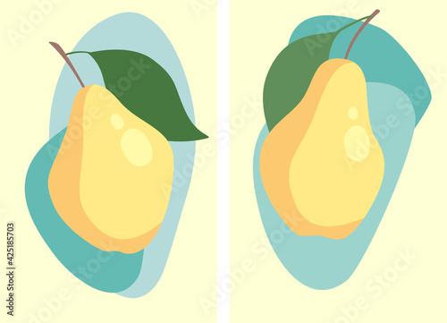 Vector flat design set : yellow pears with green leaves on abstract free form blue spots. Minimalism. Elements for card, poster, juice box, illustration, invitation, interior picture.