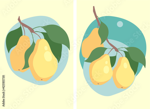 Vector flat design set : yellow pears with green leaves on abstract free form blue spots. Minimalism. Elements for card, poster, juice box, illustration, invitation, interior picture.