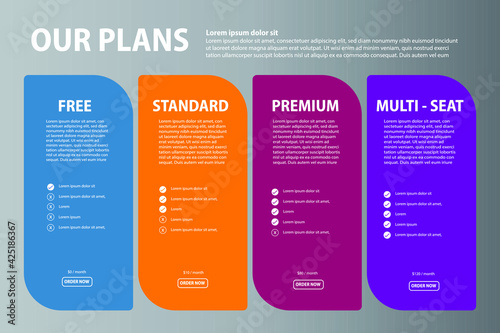 Products versions feature and price list table.Design template for pricing table for websites and applications.