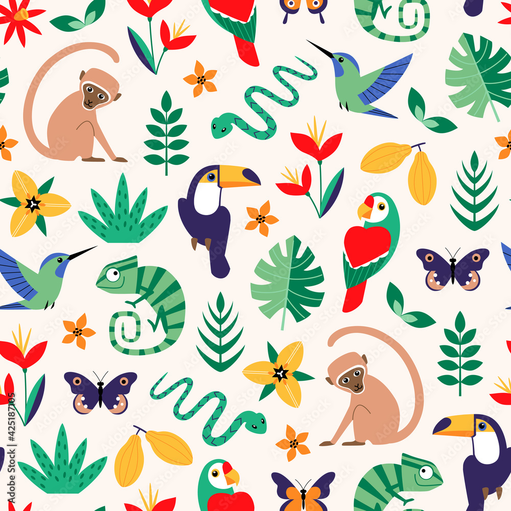 Vector seamless tropical pattern with  jungle stylized animals, birds, flowers and leaves on light background.