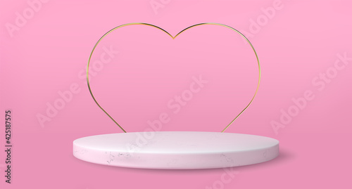 Shiny Pink Round Marble Pedestal Podium With Gold Heart. Valentine Abstract High Quality 3d Concept Illuminated Pedestal By Spotlights On Blue Background. Vector Illustration. EPS 10.