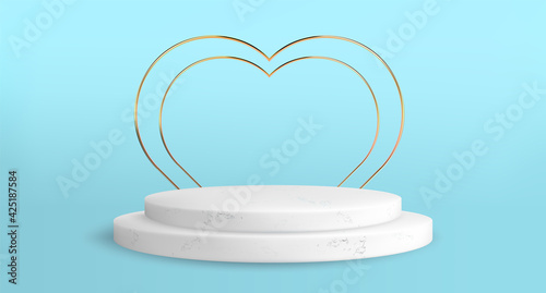 Shiny Pink Round Marble Pedestal Podium With Gold Heart. Valentine Abstract High Quality 3d Concept Illuminated Pedestal By Spotlights On Blue Background. Vector Illustration. EPS 10.