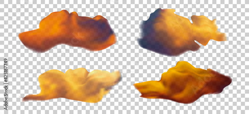 Set of 4 fluffy hyper realistic vector clouds isolated on transparent background. Weather environment meteorology decoration, rain storm cloud set. Can be used on flyers banners or web. Vector.