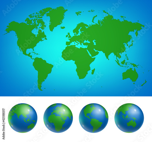 Worldwide detailed map and Earth globes set. Glossy Earth planets with all green continents. Travel around the world  planet protection realistic vector illustration isolated on white background