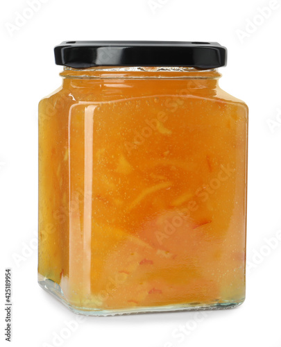 Delicious orange marmalade in jar on white background