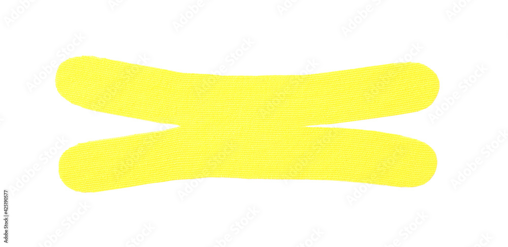 Yellow kinesio tape piece on white background, top view