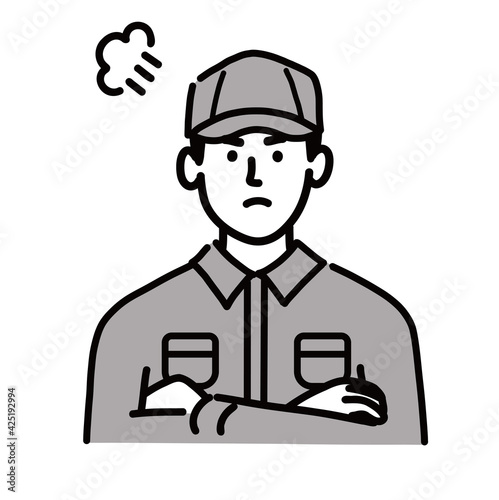 作業服　男性　若い　怒っている　ポップ　手描き
