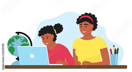 African-American family home schooling. online school, mother and child, computer. tutor. Cozy vector illustration drawing in a flat style