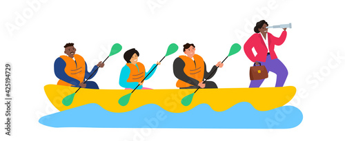 group af multinational business people rowing a boat teamwork success strategy leadership concept vector illustration