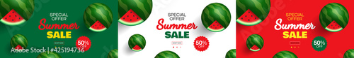 summer sale creative  horizontal banners set design  with watermelon on colorful background vector illustration