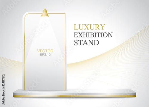Empty luxury long product stage with exhibition board 3d illustration vector for putting your object in white and golden color theme.