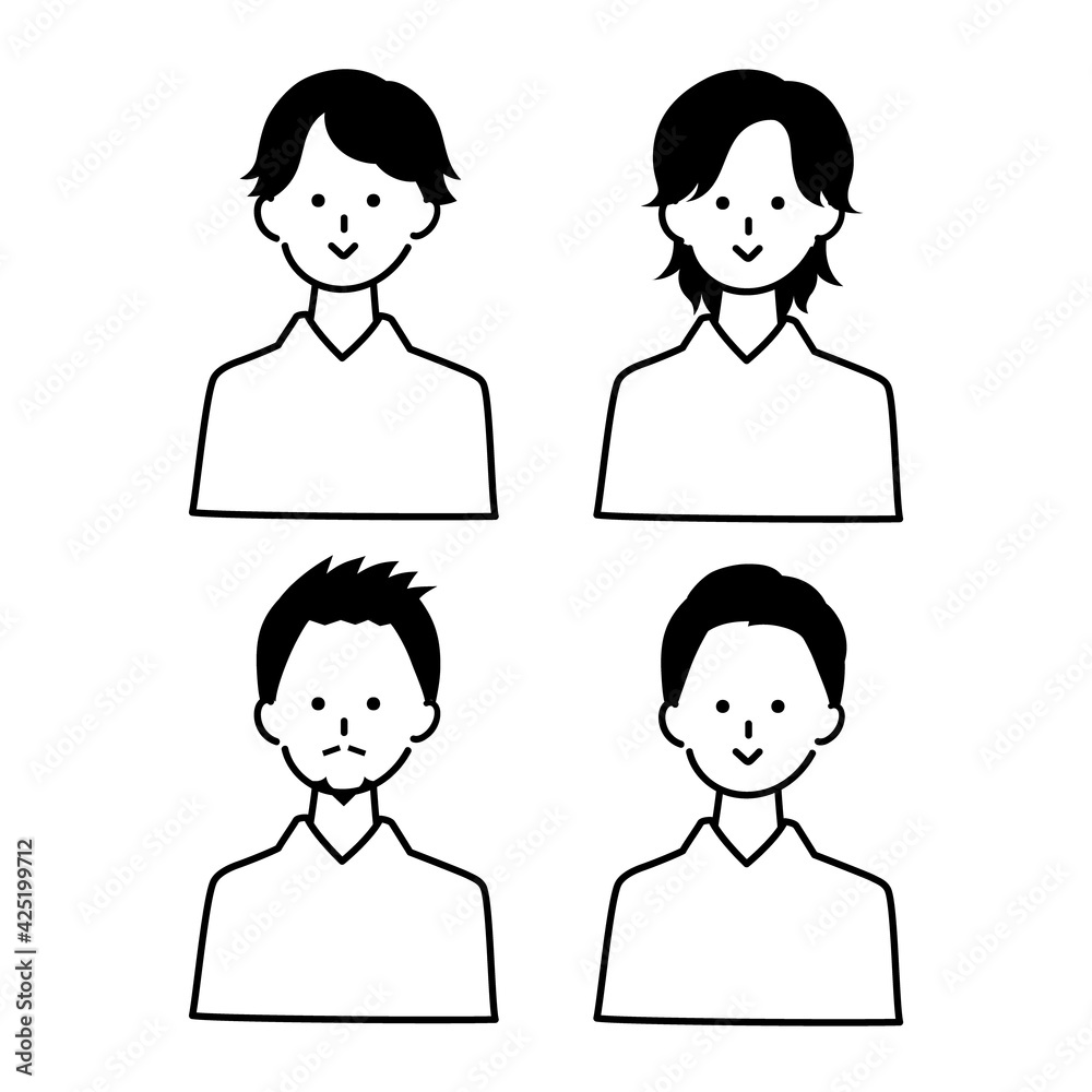 シンプルな男性アイコンセット1　白黒
