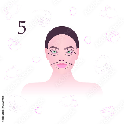 Face massage. Massage technique. Facial massage lines. Vector modern illustration. Fifth schematic of nine.
